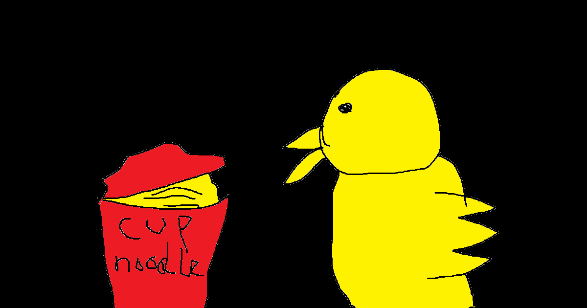 カップヌードルを食べるヒヨコ